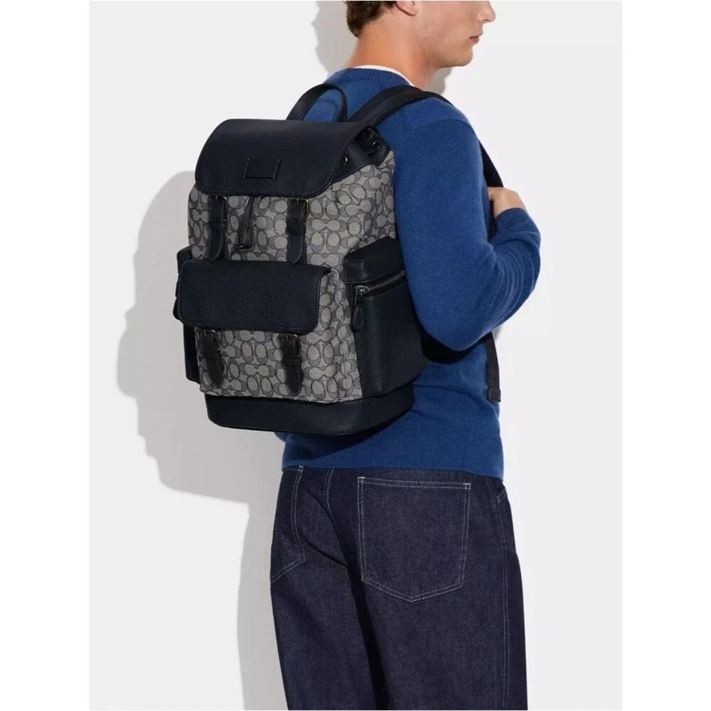 Coach Sprint Backpack In Signature Jacquard & Leather Midnight Navy Blue CE523